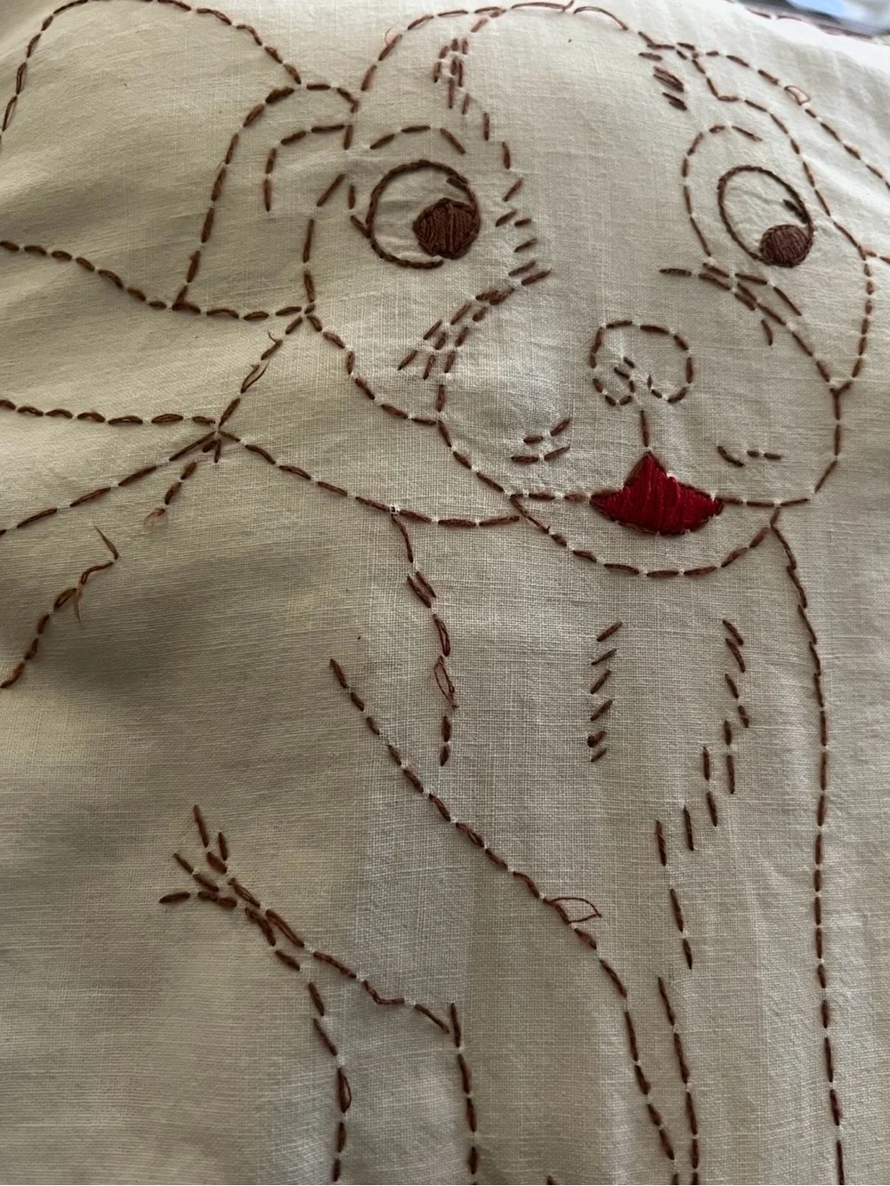 Embroidered Puppy & Kitten Throw Pillows (2) - retro nursery decor vintage